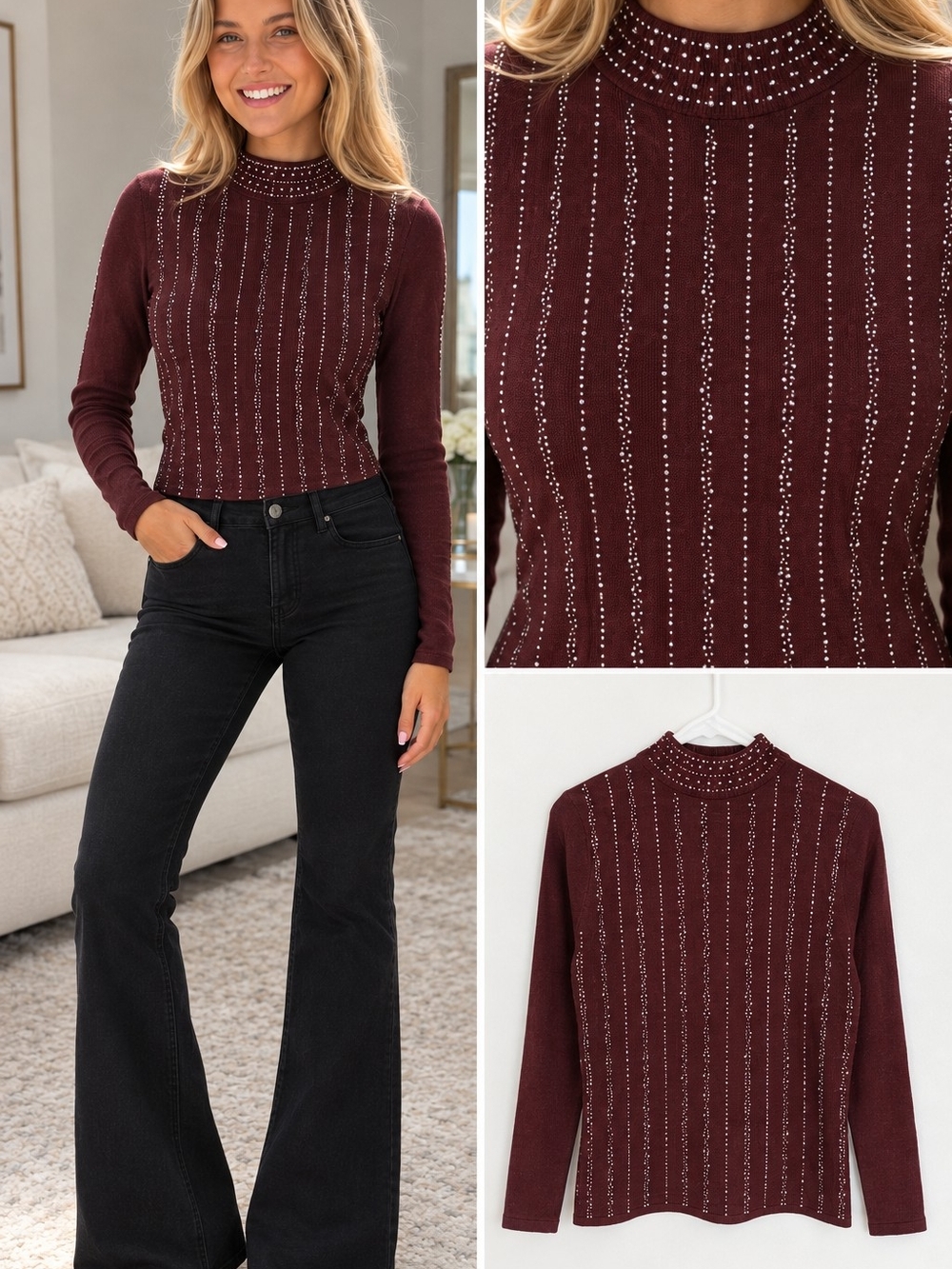 NWT Y2K Rhinestone Studded Mock Neck Long Sleeve Sweater Burgundy Size L